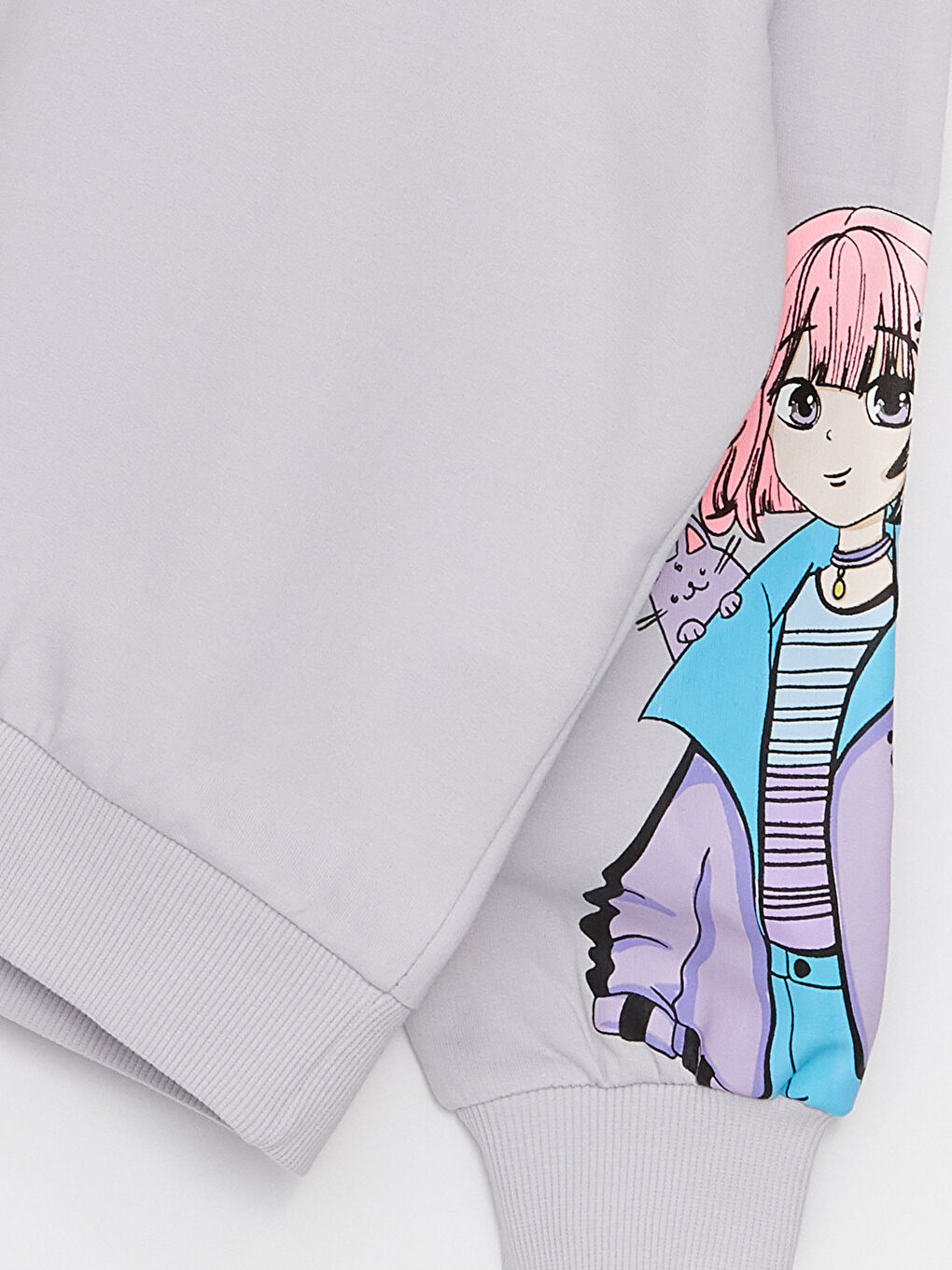 Gri Kapüşonlu Baskılı Uzun Kollu Kız Çocuk Sweatshirt-2
