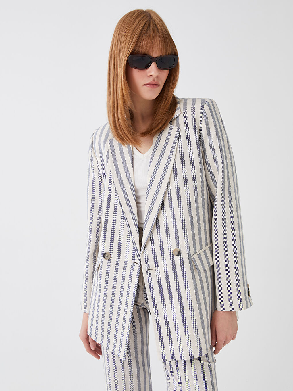 LCW Vision Striped Long Sleeve Linen Blend Women's Blazer Jacket -S3HF05Z8-LEN