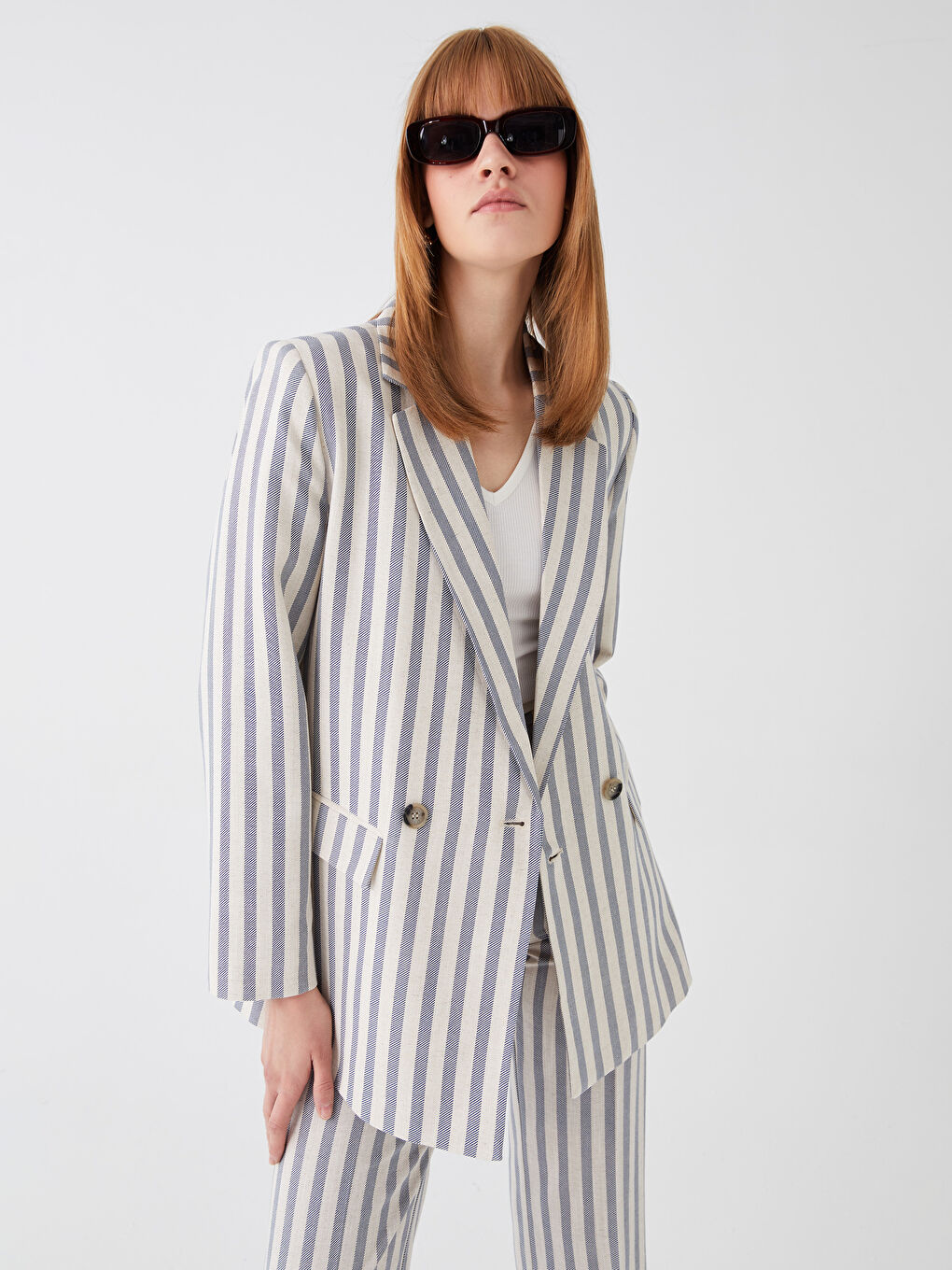 LCW Vision Striped Long Sleeve Linen Blend Women's Blazer Jacket -S3HF05Z8-LEN