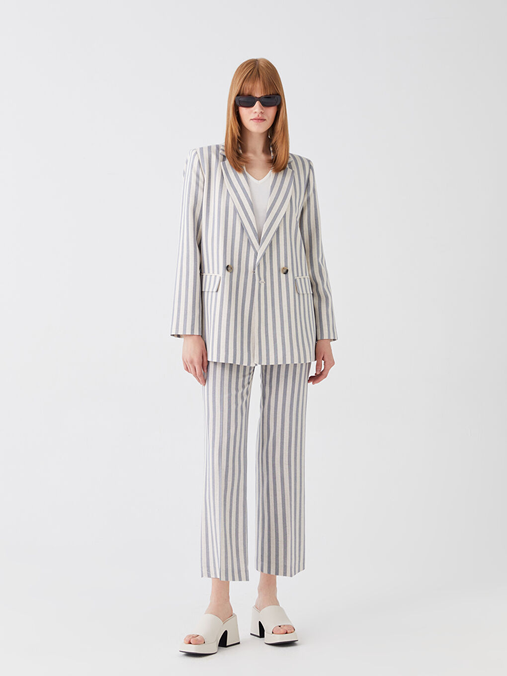 LCW Vision Striped Long Sleeve Linen Blend Women's Blazer Jacket -S3HF05Z8-LEN