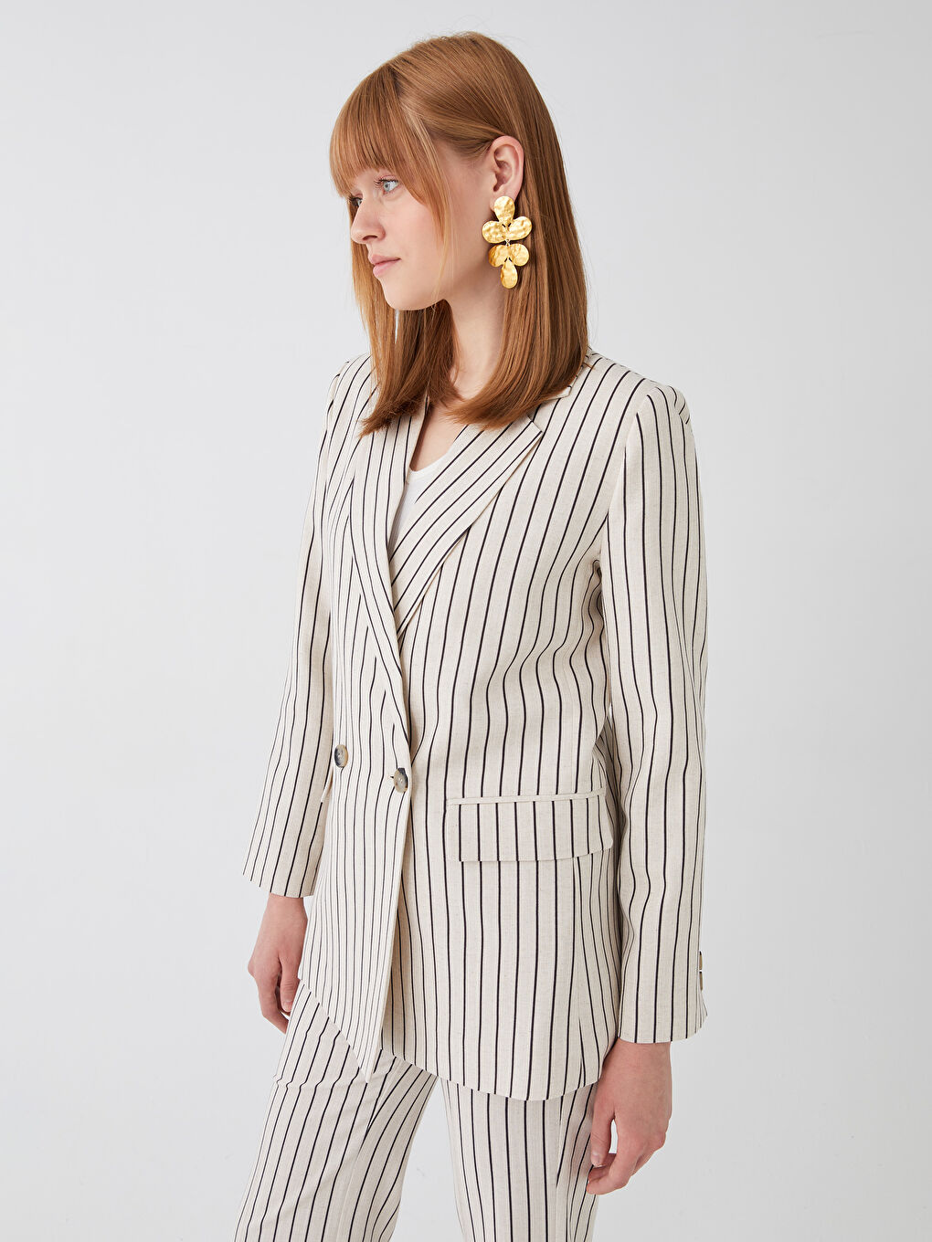 LCW Vision Striped Long Sleeve Linen Blend Women's Blazer Jacket -S3HF05Z8-LEW