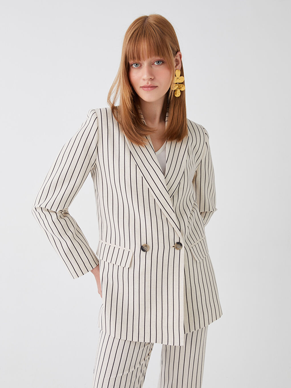 LCW Vision Striped Long Sleeve Linen Blend Women's Blazer Jacket -S3HF05Z8-LEW