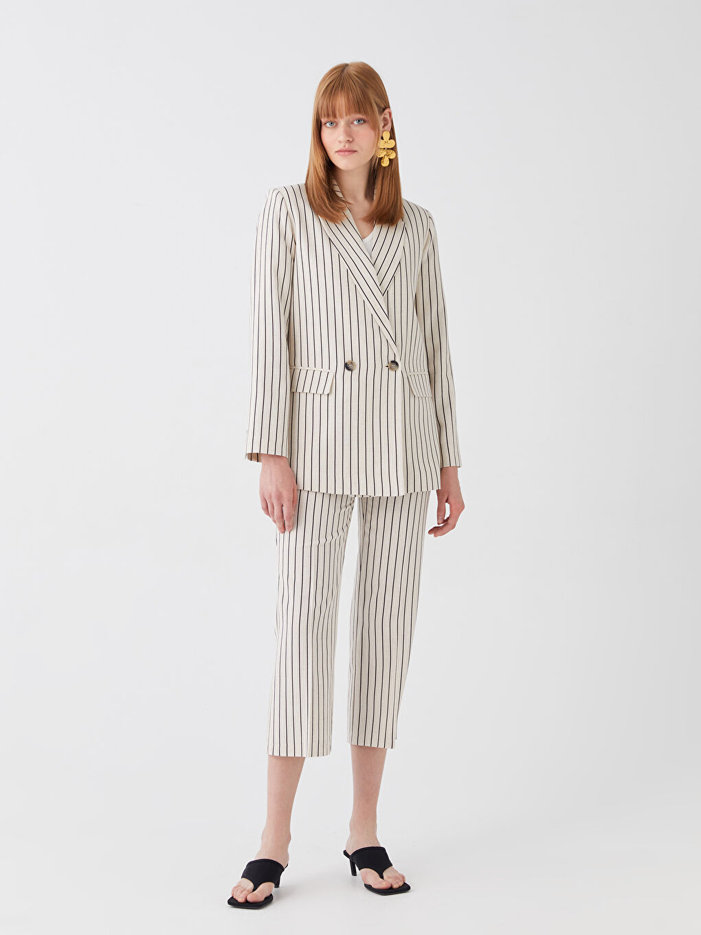 LCW Vision Striped Long Sleeve Linen Blend Women's Blazer Jacket -S3HF05Z8-LEW