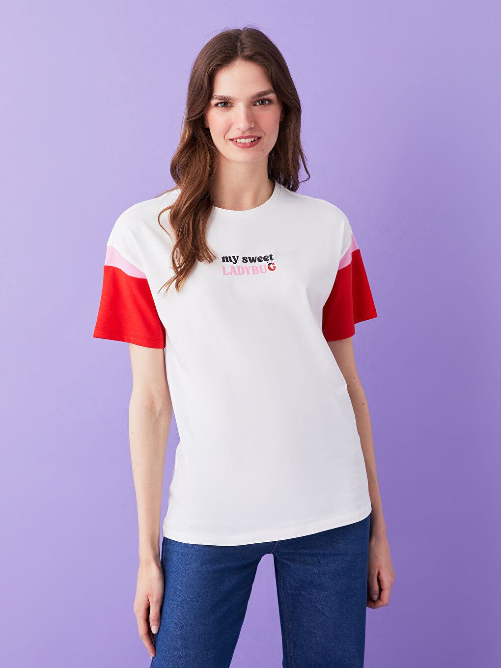 Ekru Bisiklet Yaka Baskılı Kısa Kollu Kadın Tişört Anne Kız Kombini