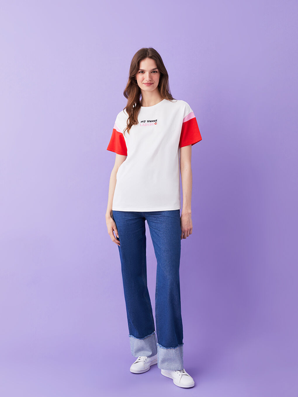 Ekru Bisiklet Yaka Baskılı Kısa Kollu Kadın Tişört Anne Kız Kombini-1