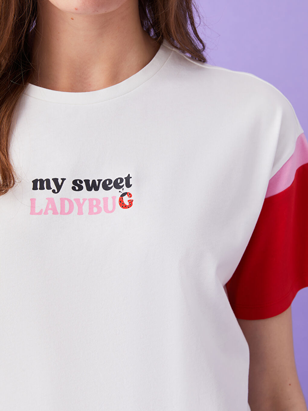 Ekru Bisiklet Yaka Baskılı Kısa Kollu Kadın Tişört Anne Kız Kombini-2