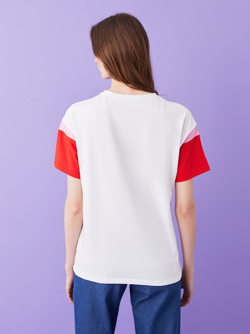 Ekru Bisiklet Yaka Baskılı Kısa Kollu Kadın Tişört Anne Kız Kombini-3