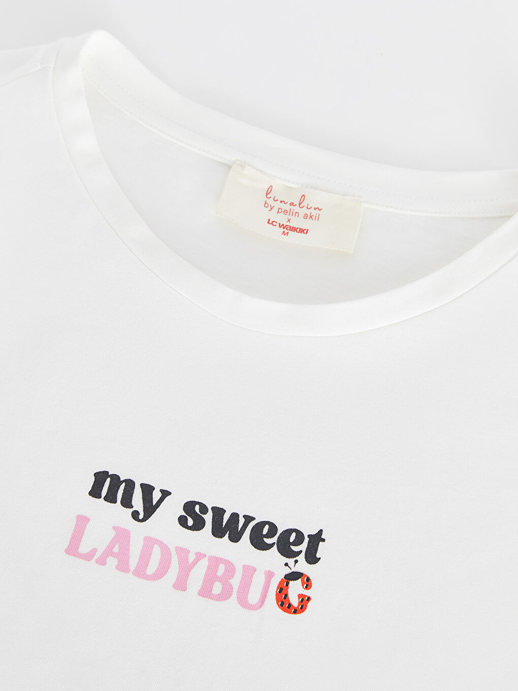 Ekru Bisiklet Yaka Baskılı Kısa Kollu Kadın Tişört Anne Kız Kombini-4