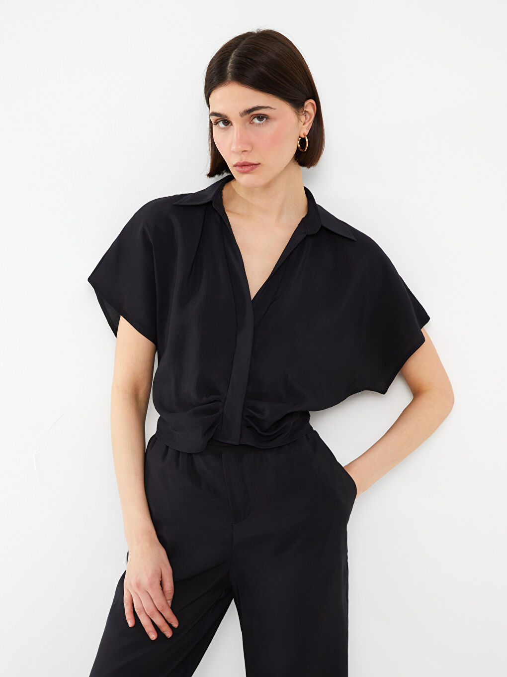LCW Vision Shirt Collar Straight Short Sleeve Crop Women's Blouse -S3HF41Z8-CVL