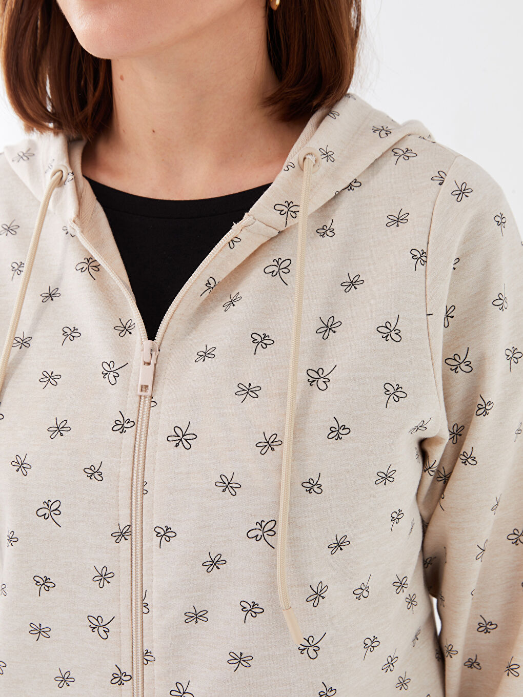 Bej Kapüşonlu Desenli Uzun Kollu Kadın Hırka-3