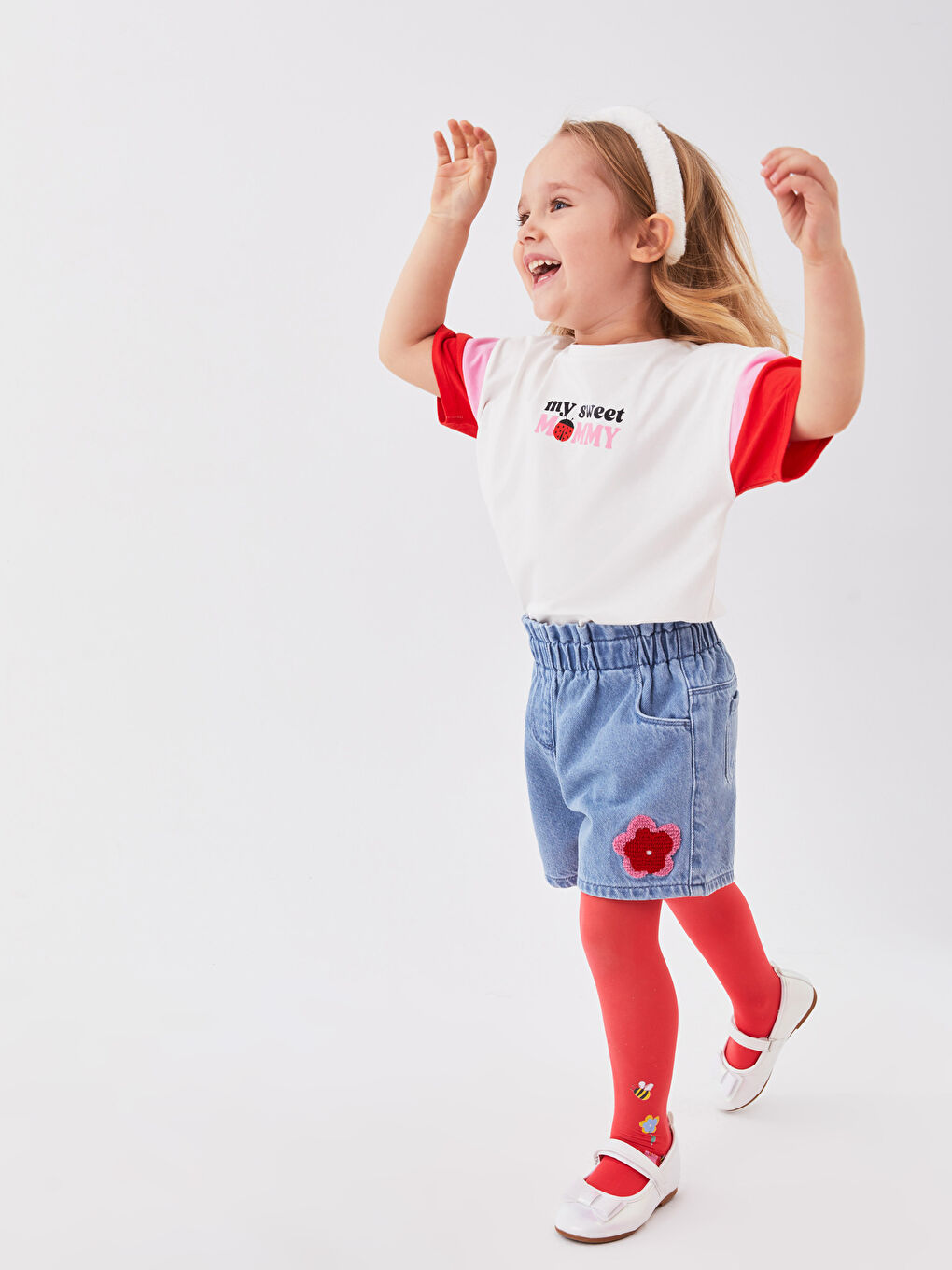 Nakışlı Kız Bebek Jean Şort ve Külotlu Çorap-1