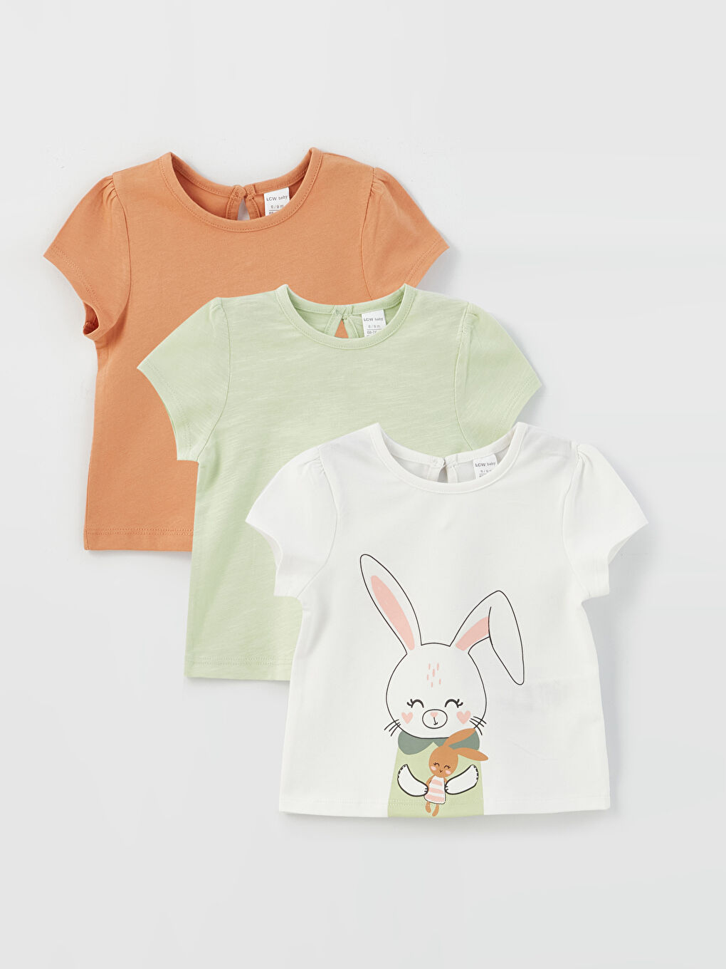 Ekru Bisiklet Yaka Kısa Kollu Kız Bebek Tişört 3'lü