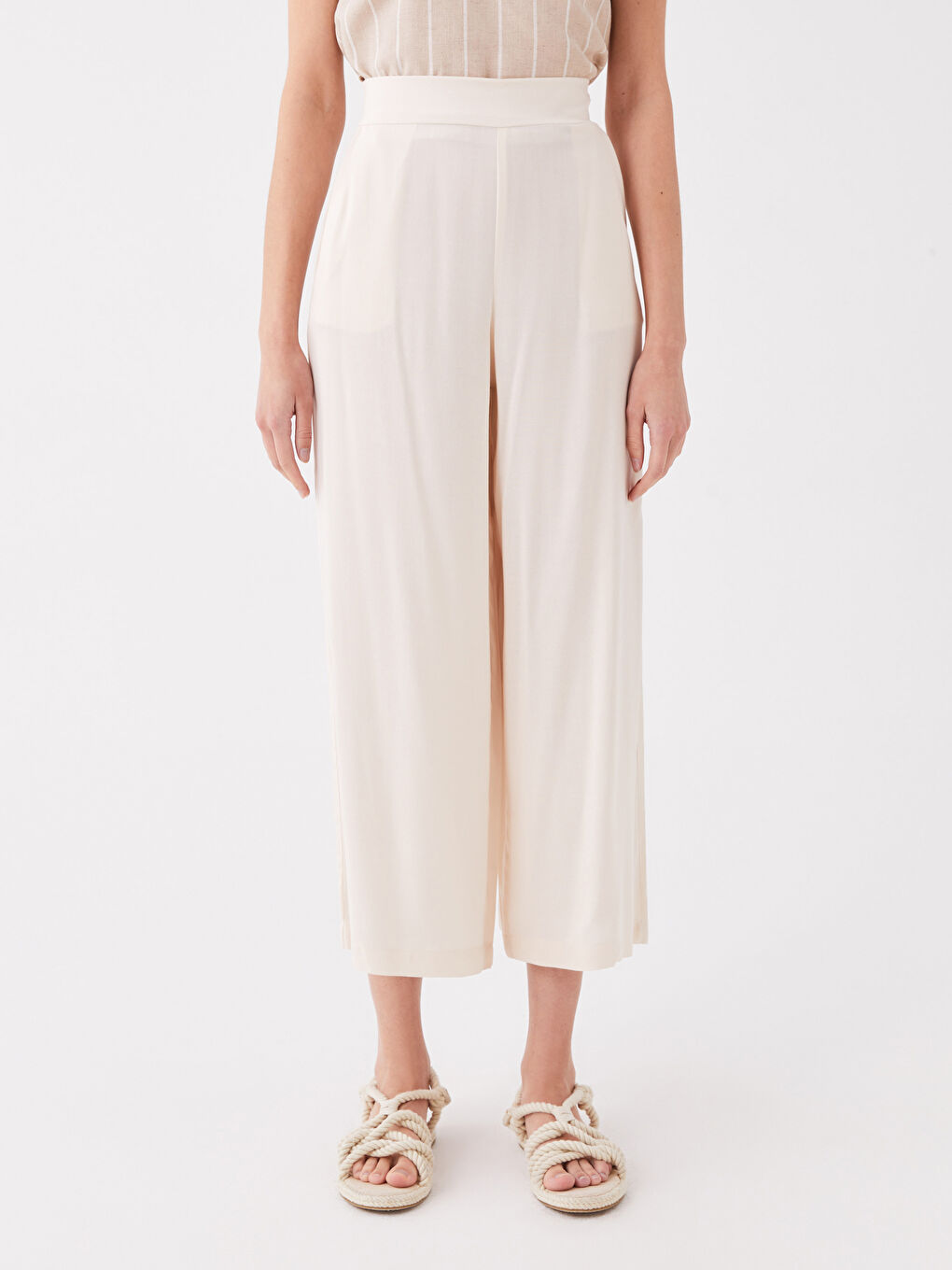 بنطلون كابري بلمسة كتان واسع للسيدات-2