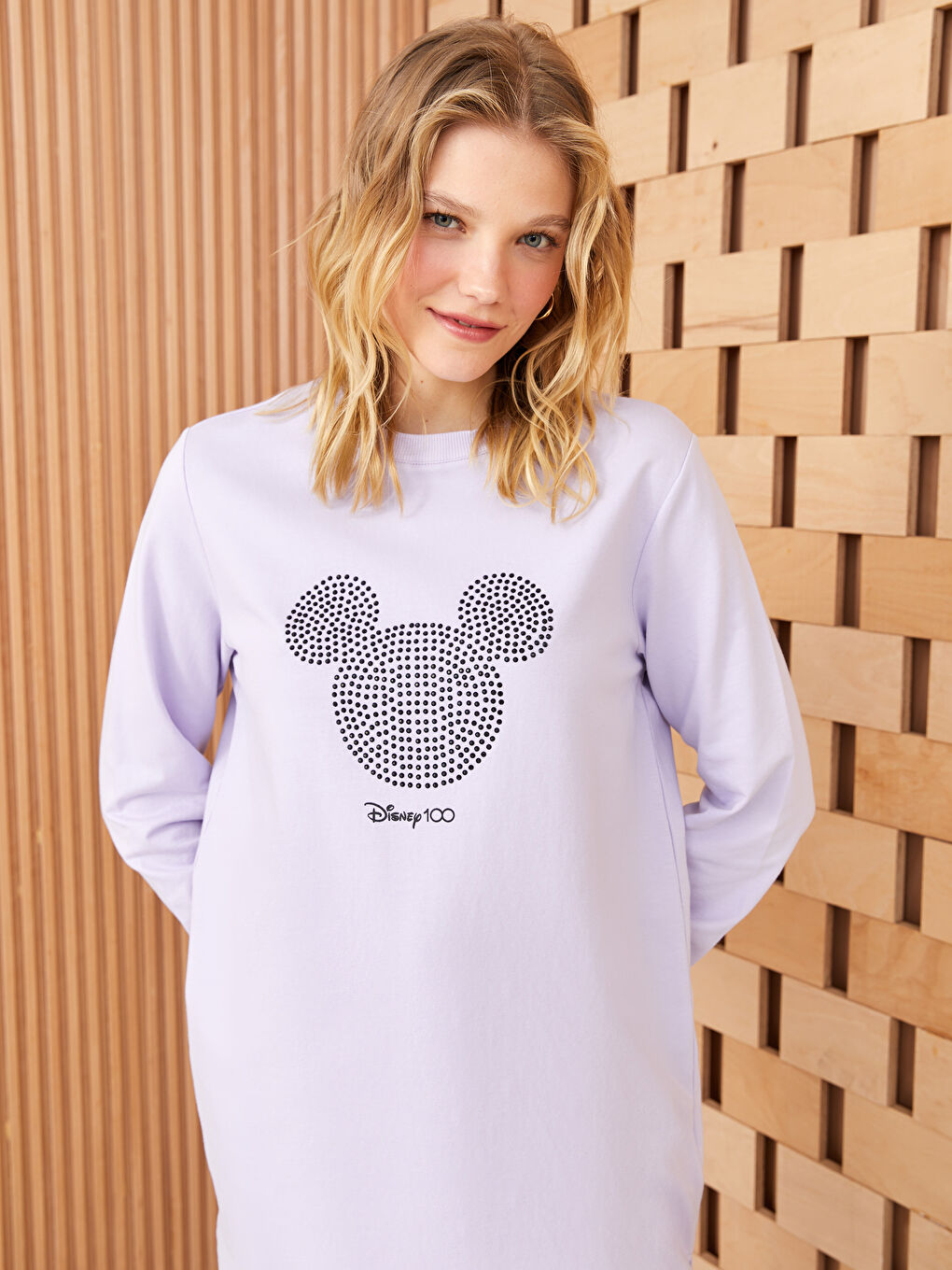 Lila Bisiklet Yaka Mickey Mouse Baskılı Kadın Sweatshirt Tunik