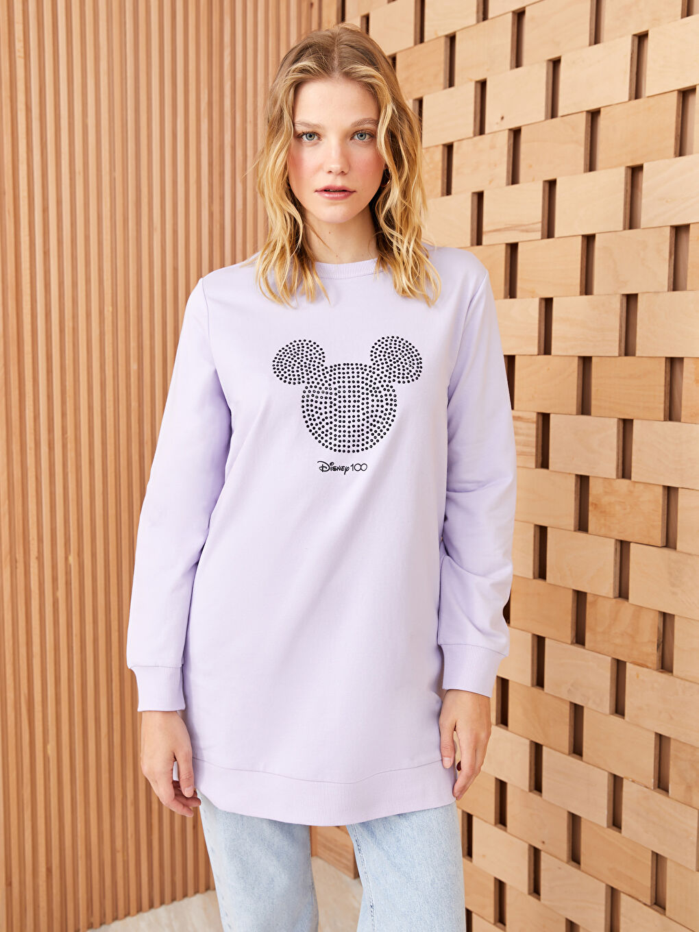 Lila Bisiklet Yaka Mickey Mouse Baskılı Kadın Sweatshirt Tunik-1