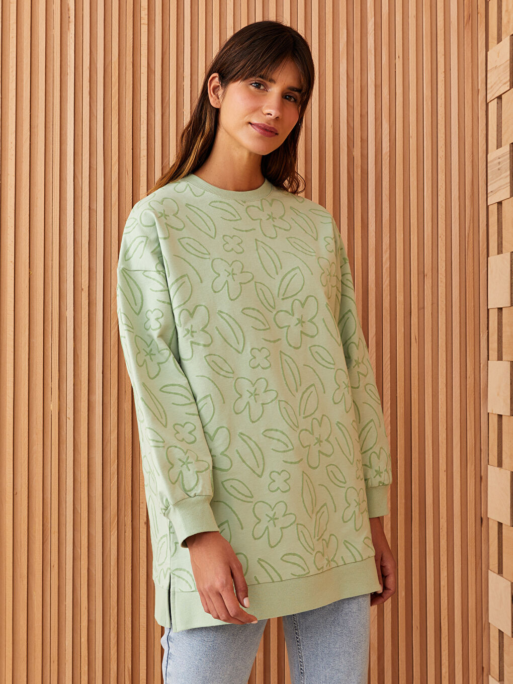 Yeşil Desenli Oversize Kadın Sweatshirt Tunik