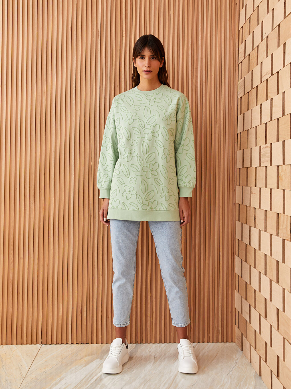 Yeşil Desenli Oversize Kadın Sweatshirt Tunik-2
