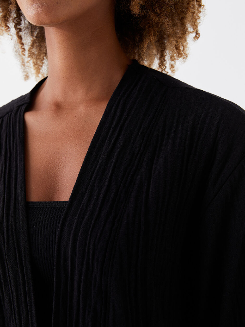 Shawl Collar Plain Muslin Women's Kimono-2