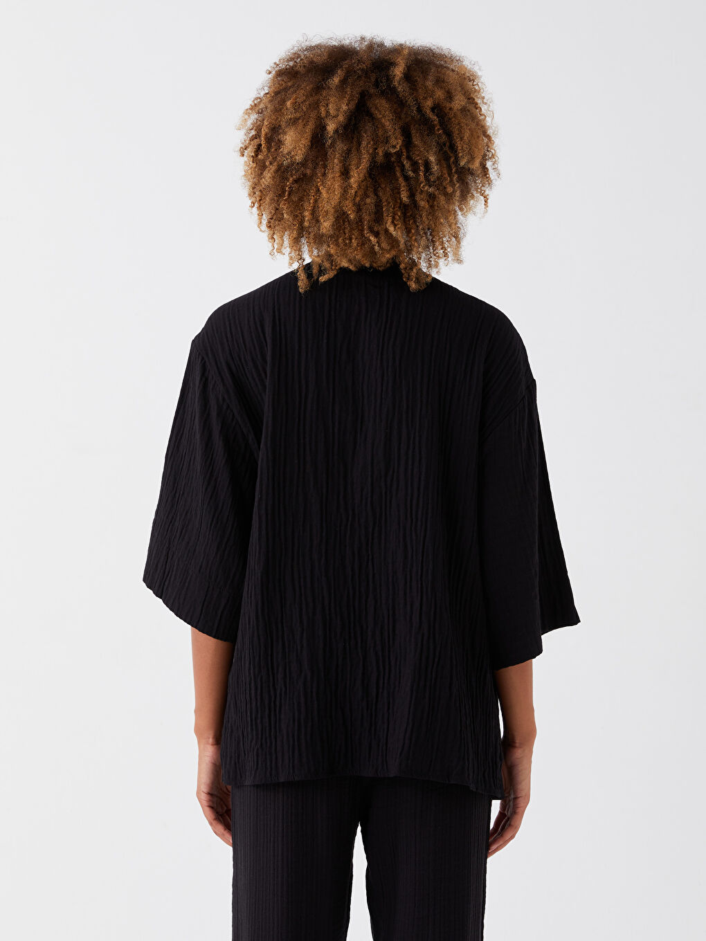 Shawl Collar Plain Muslin Women's Kimono-3