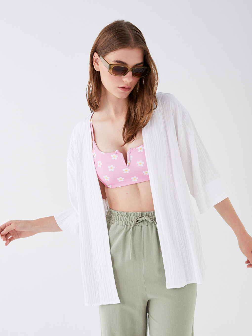 Shawl Collar Plain Muslin Women's Kimono-2