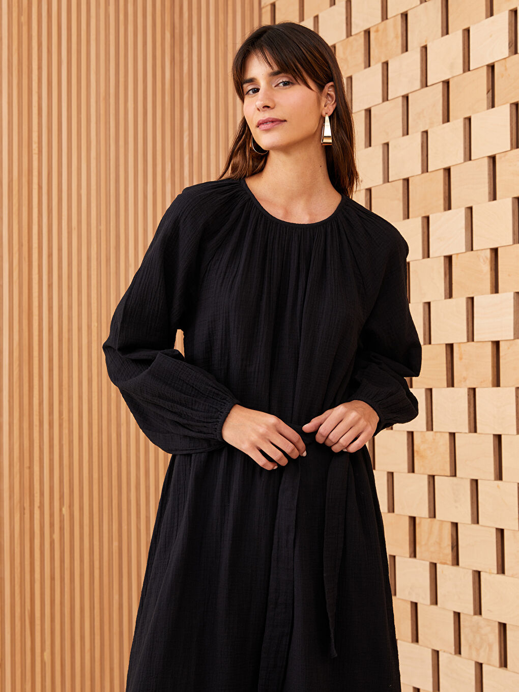 Crew Neck Plain Long Sleeve Muslin Women's Dress-2