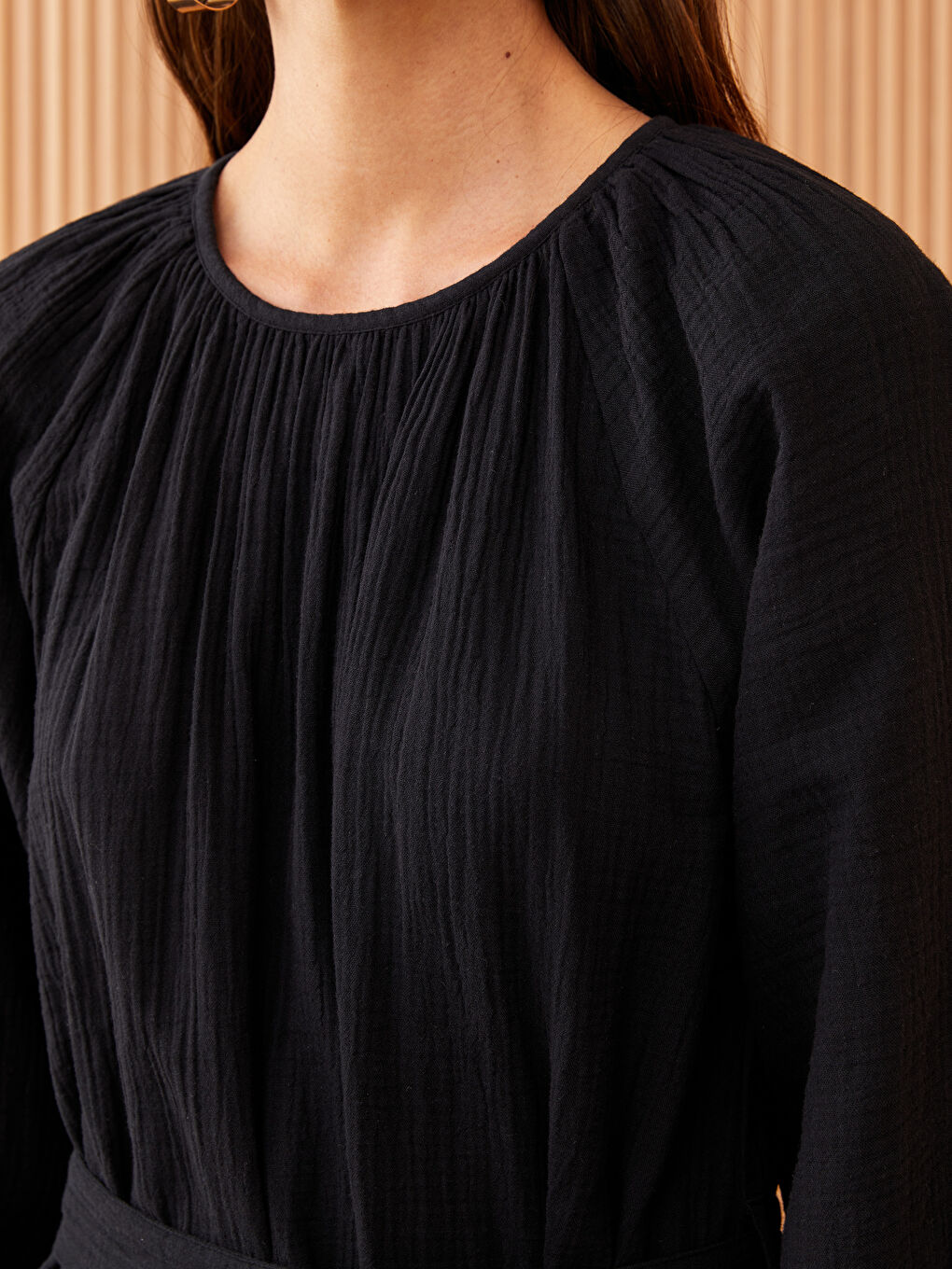 Crew Neck Plain Long Sleeve Muslin Women's Dress-3
