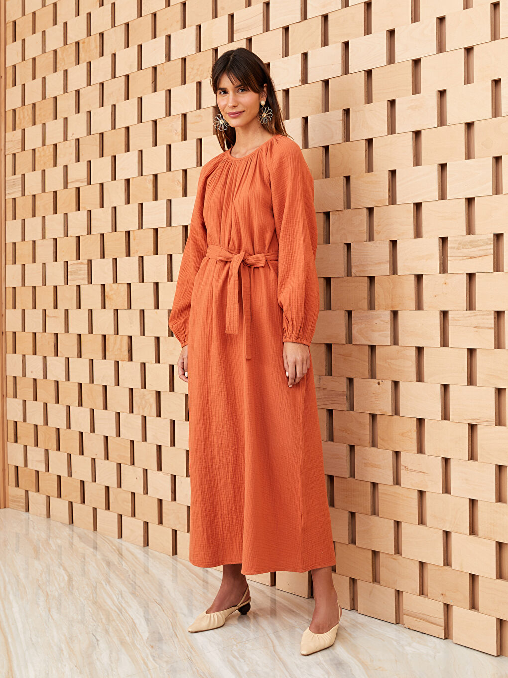 LCW Modest Robe pour Femmes en Mousseline à Manches Longues et Col Rond Uni -S3HG75Z8-V7K