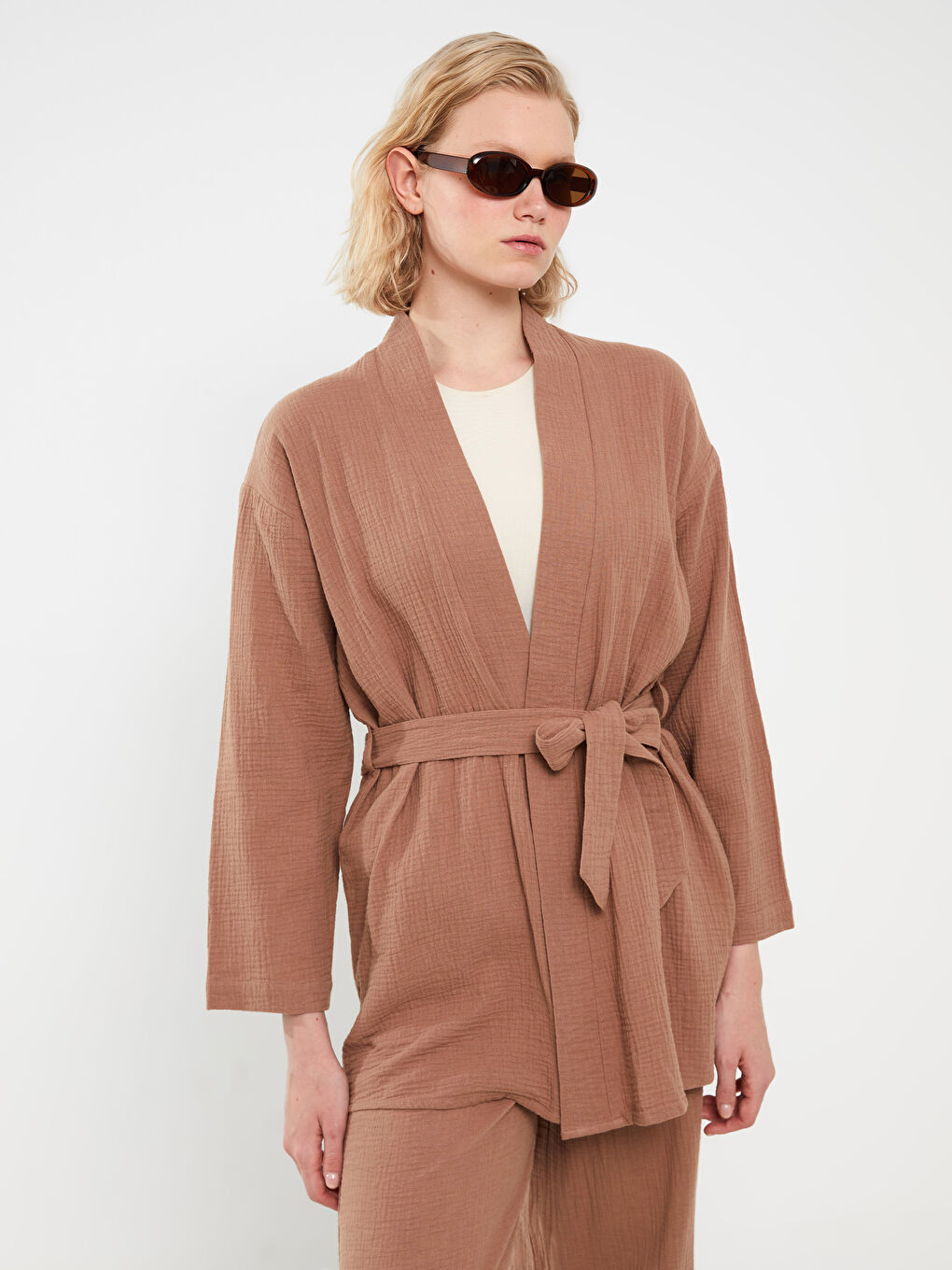 Shawl Collar Plain Long Sleeve Oversize Muslin Women's Kimono -S3HG76Z8-VBM