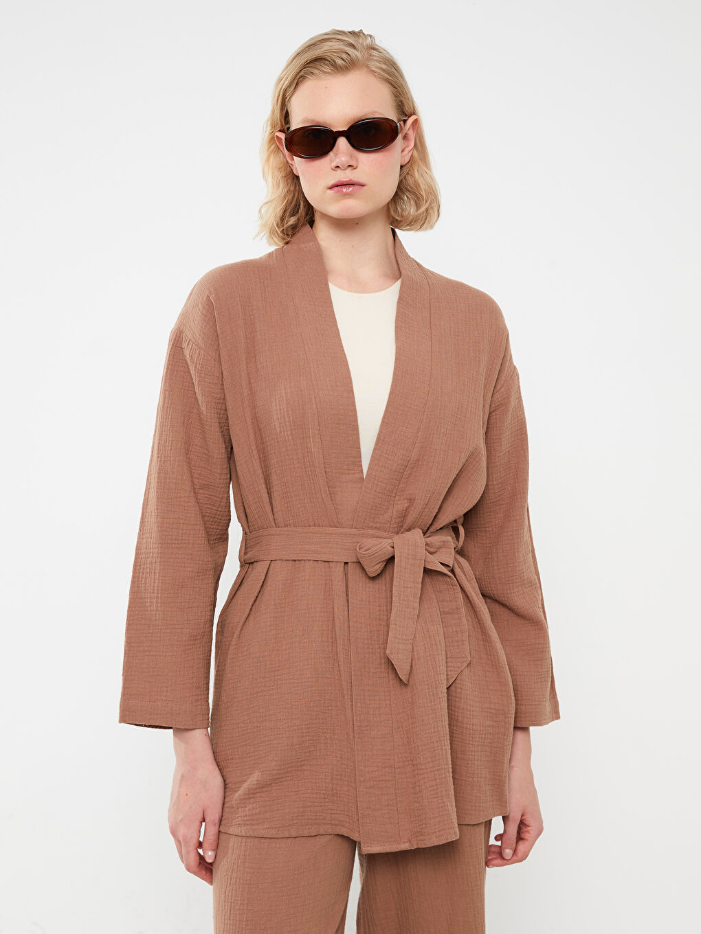 Shawl Collar Plain Long Sleeve Oversize Muslin Women's Kimono -S3HG76Z8-VBM
