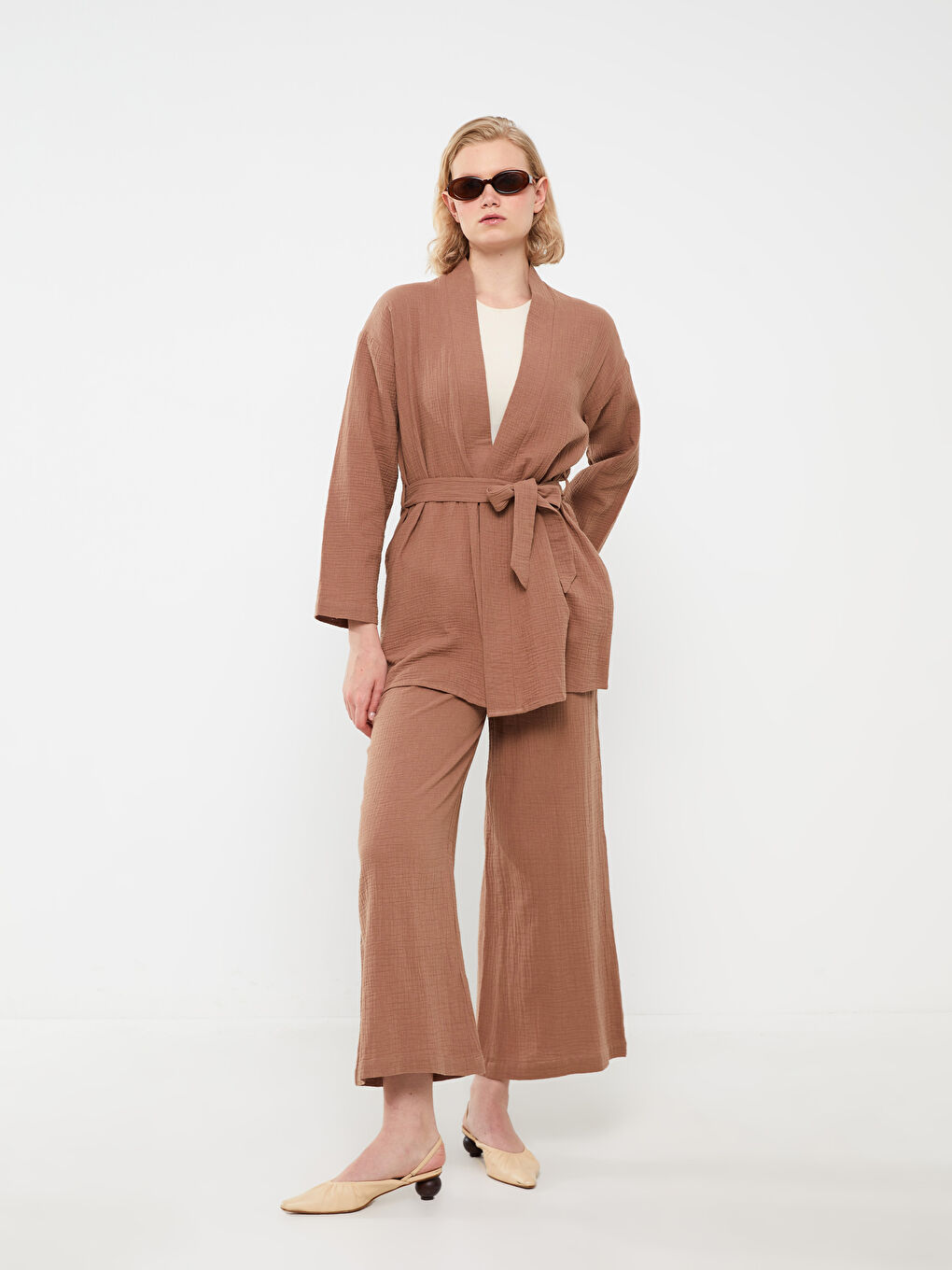 Shawl Collar Plain Long Sleeve Oversize Muslin Women's Kimono -S3HG76Z8-VBM