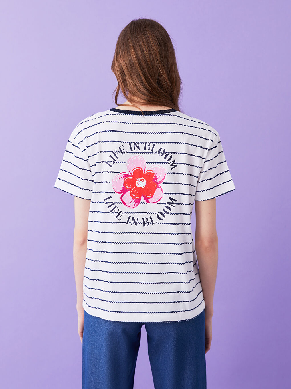 LCW baby Mavi Bisiklet Yaka Çizgili Kısa Kollu Kadın Tişört Anne