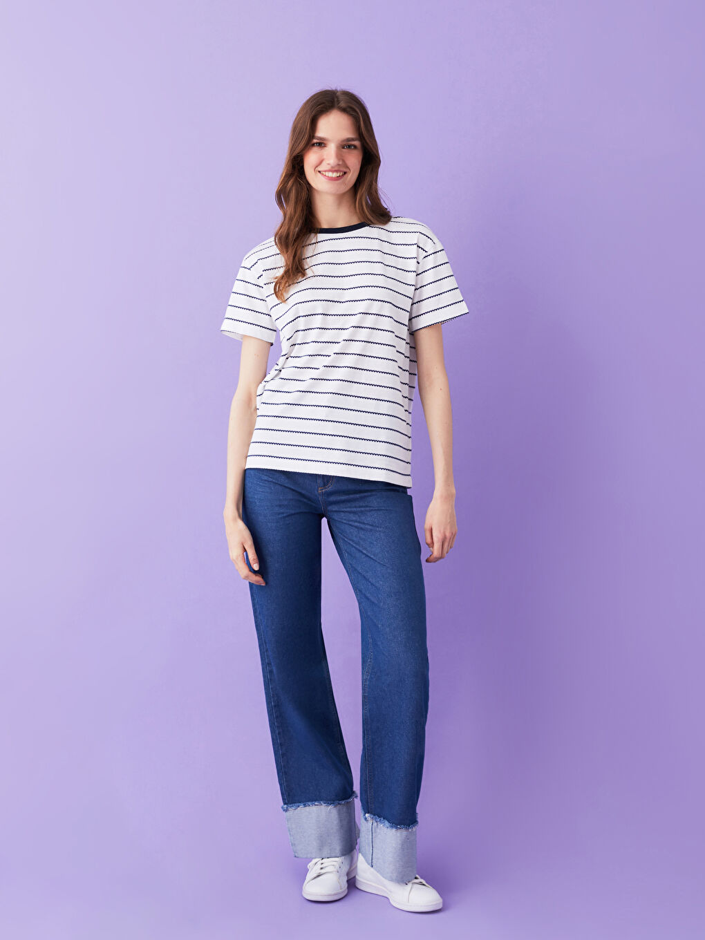 Mavi Bisiklet Yaka Çizgili Kısa Kollu Kadın Tişört Anne Kız Kombini-2