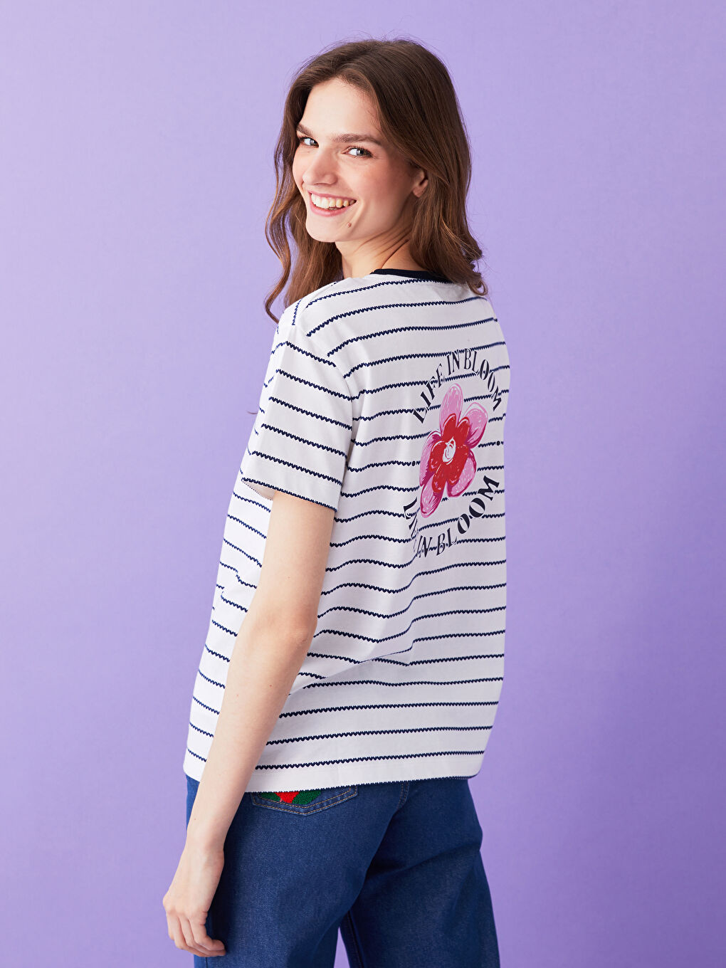 Mavi Bisiklet Yaka Çizgili Kısa Kollu Kadın Tişört Anne Kız Kombini-3