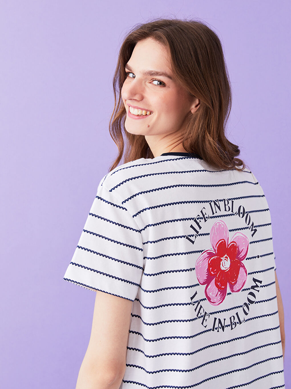 Mavi Bisiklet Yaka Çizgili Kısa Kollu Kadın Tişört Anne Kız Kombini-4