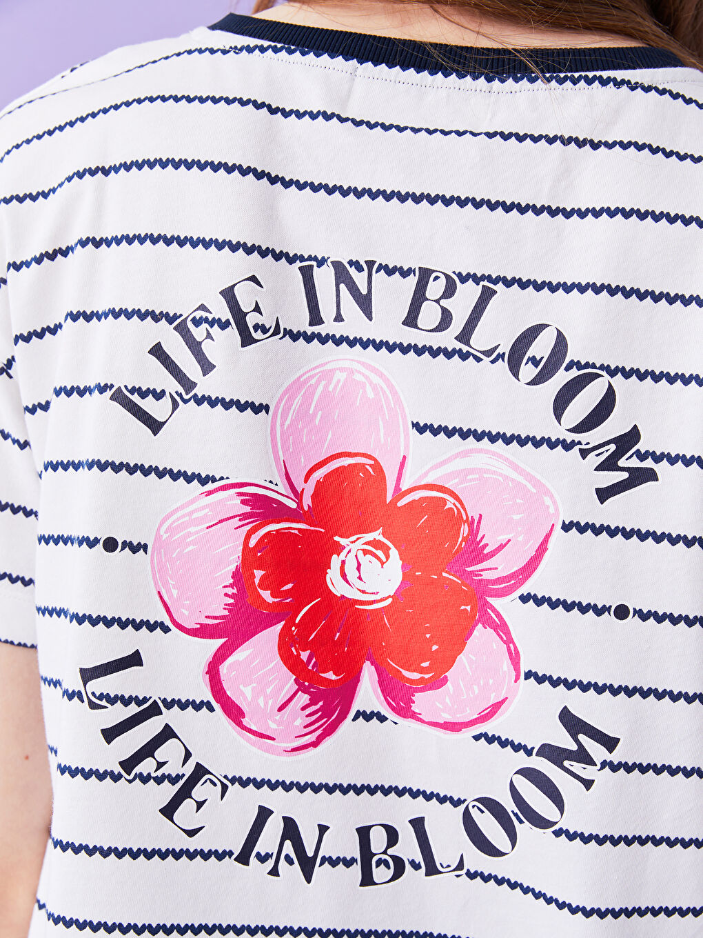 Mavi Bisiklet Yaka Çizgili Kısa Kollu Kadın Tişört Anne Kız Kombini-5