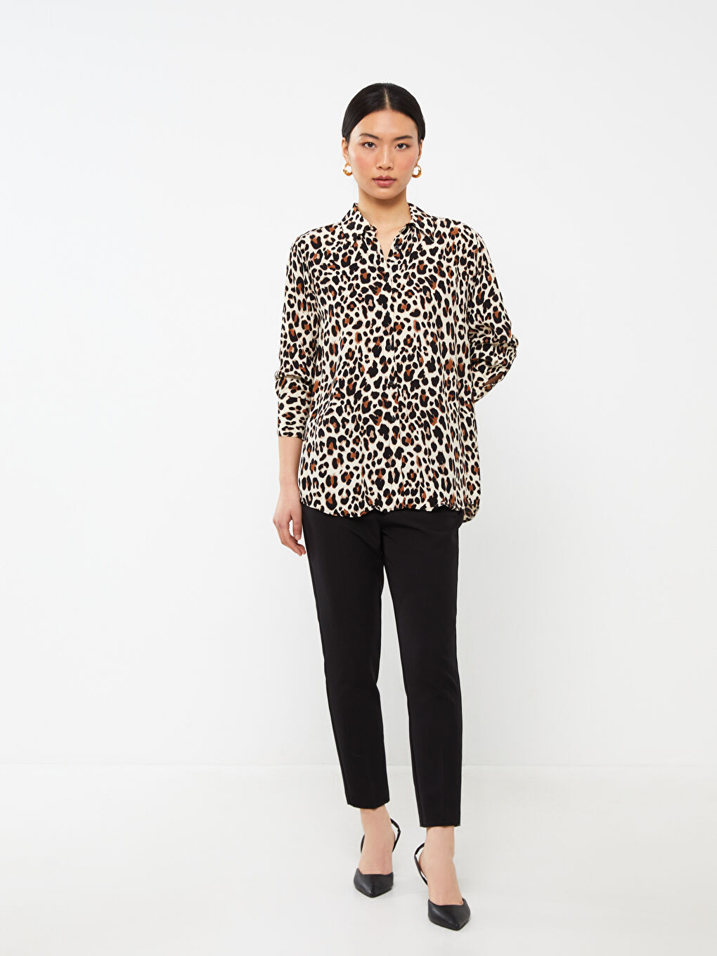 Kahverengi Desenli Uzun Kollu Kadın Gömlek-2