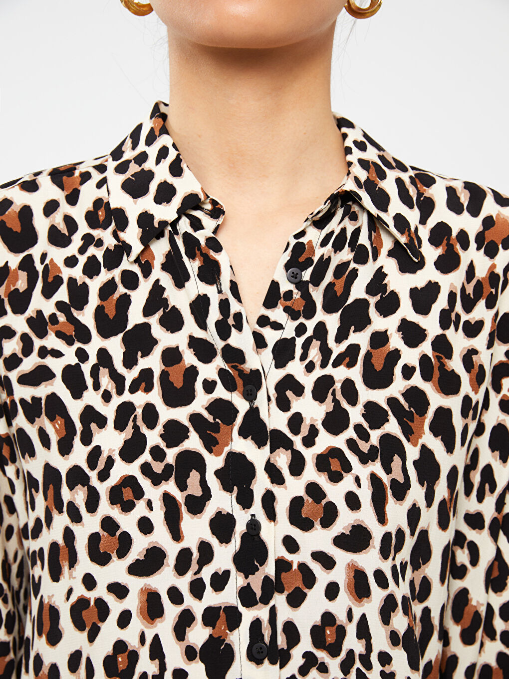 Kahverengi Desenli Uzun Kollu Kadın Gömlek-3