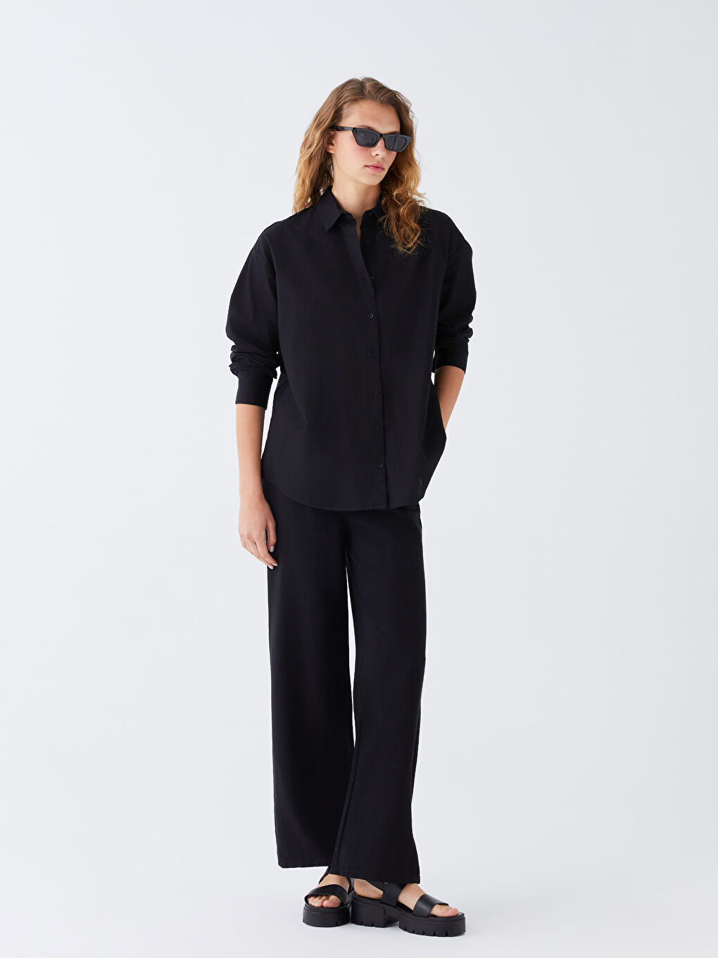 Siyah Düz Uzun Kollu Keten Karışımlı Kadın Gömlek-2