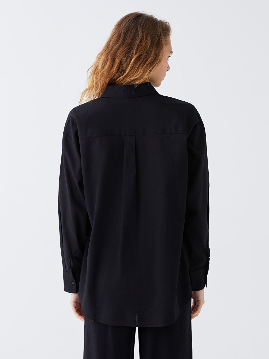 Siyah Düz Uzun Kollu Keten Karışımlı Kadın Gömlek-4