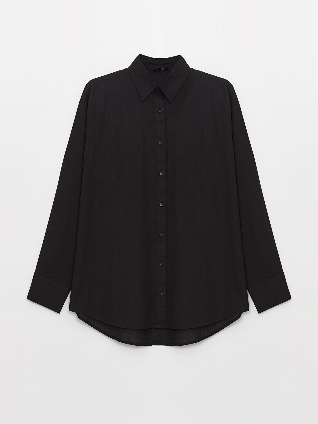 Siyah Düz Uzun Kollu Keten Karışımlı Kadın Gömlek-5