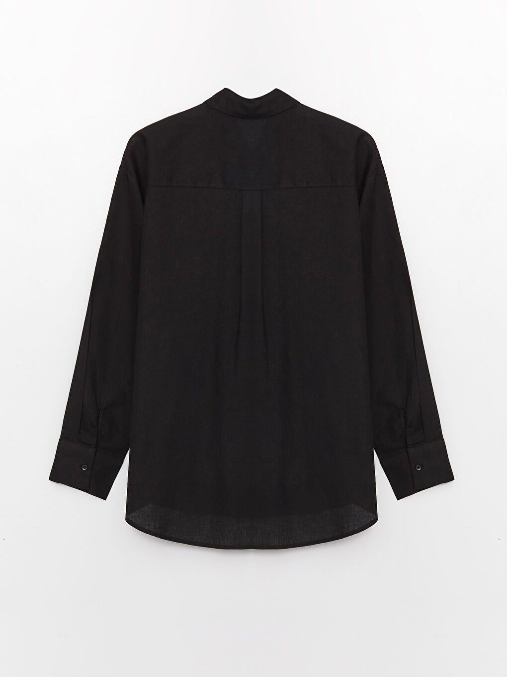 Siyah Düz Uzun Kollu Keten Karışımlı Kadın Gömlek-6