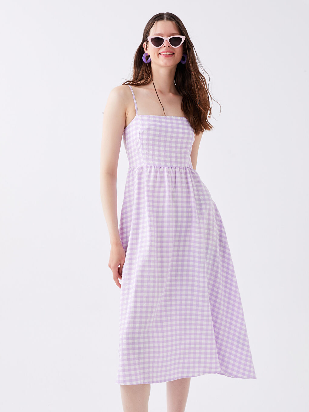 Lila Kare Yaka Ekose Askılı Kadın Elbise-2