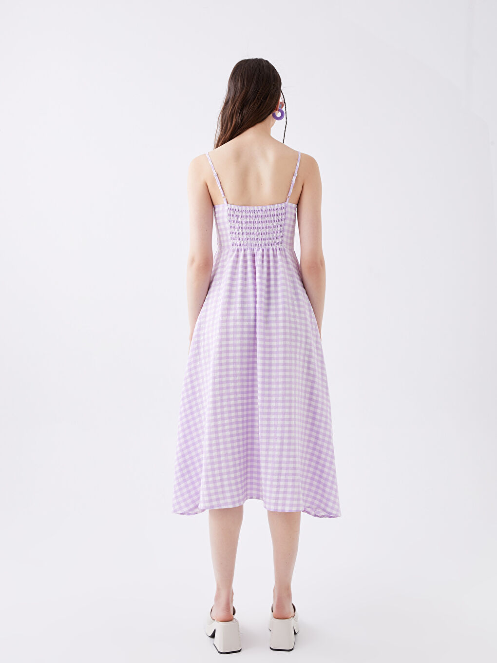 Lila Kare Yaka Ekose Askılı Kadın Elbise-4