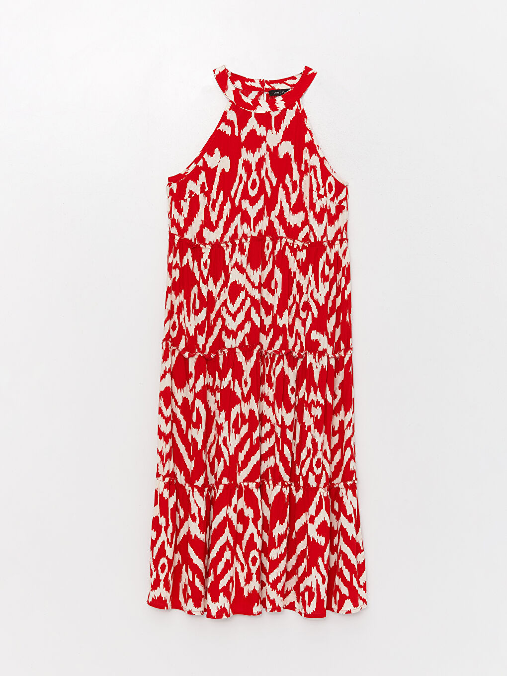 Kırmızı Halter Yaka Desenli Kadın Elbise-5