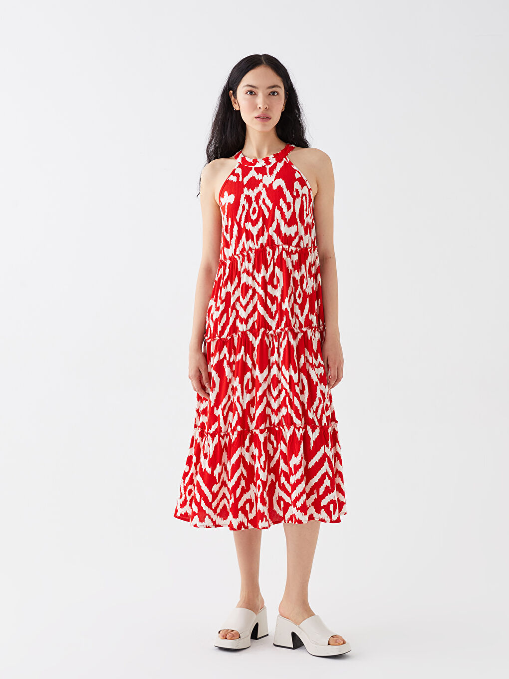 Kırmızı Halter Yaka Desenli Kadın Elbise