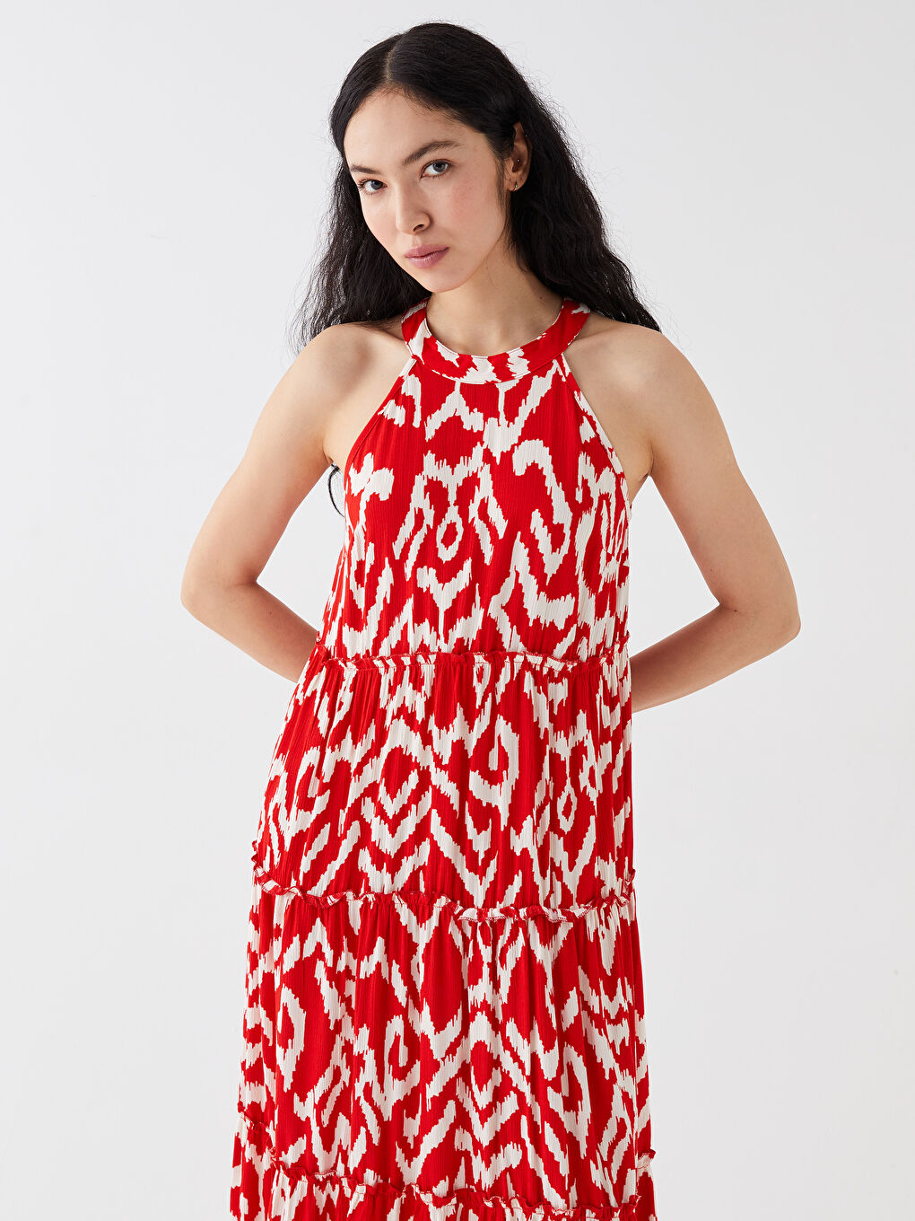 Kırmızı Halter Yaka Desenli Kadın Elbise-1