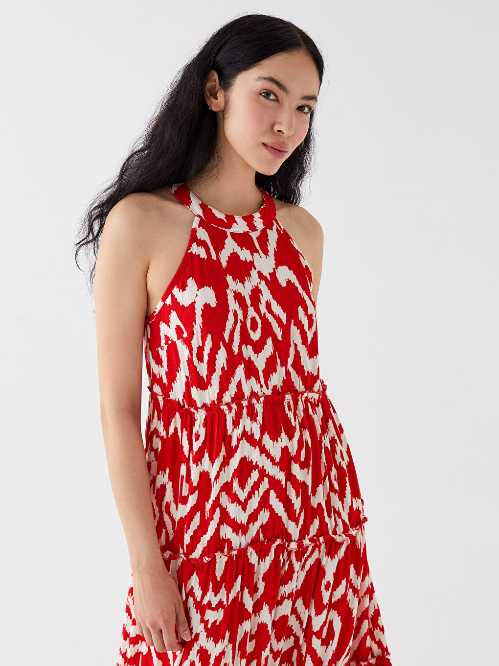 Kırmızı Halter Yaka Desenli Kadın Elbise-2