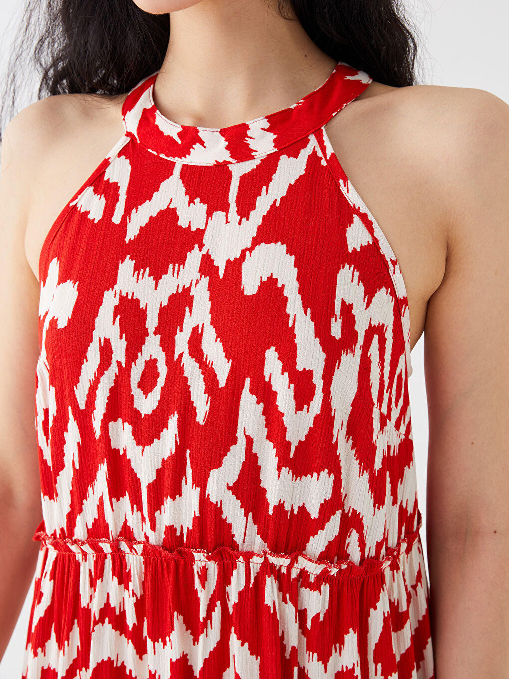 Kırmızı Halter Yaka Desenli Kadın Elbise-3