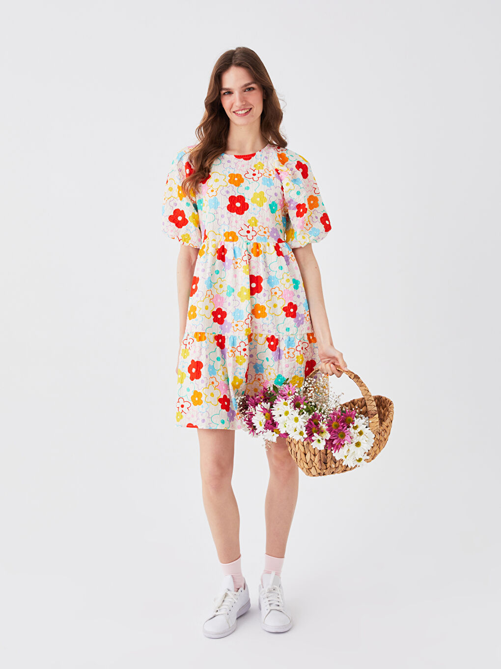 Karışık Bisiklet Yaka Çiçekli Balon Kollu Kadın Elbise Anne Kız Kombini-3