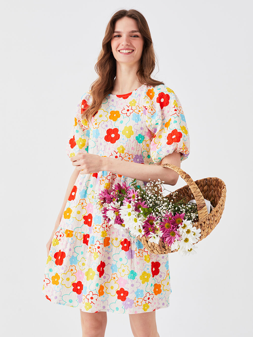 Karışık Bisiklet Yaka Çiçekli Balon Kollu Kadın Elbise Anne Kız Kombini-4